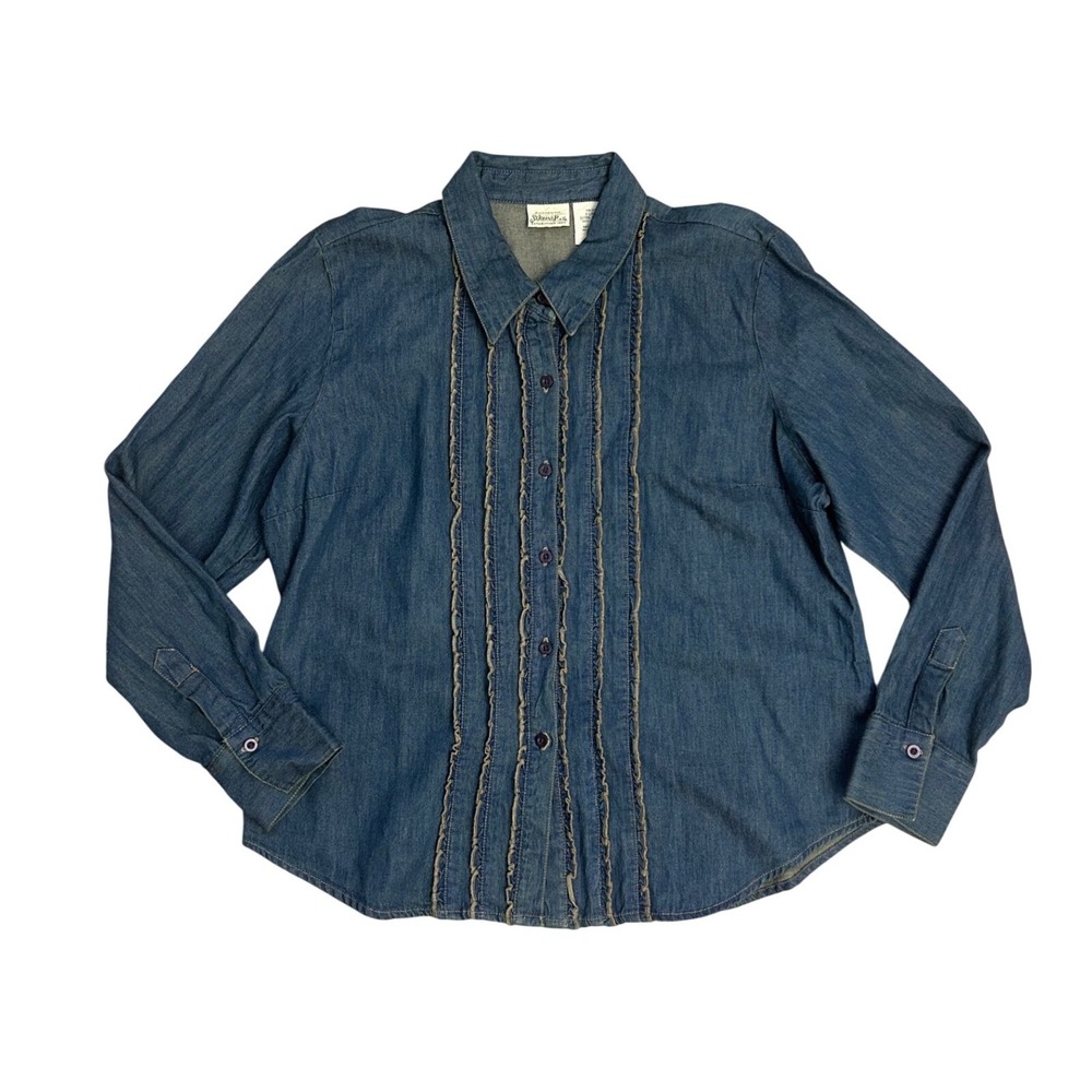Vintage Denim Western Button Down Ruffle Trim Shirt‎ Blue XL chambray